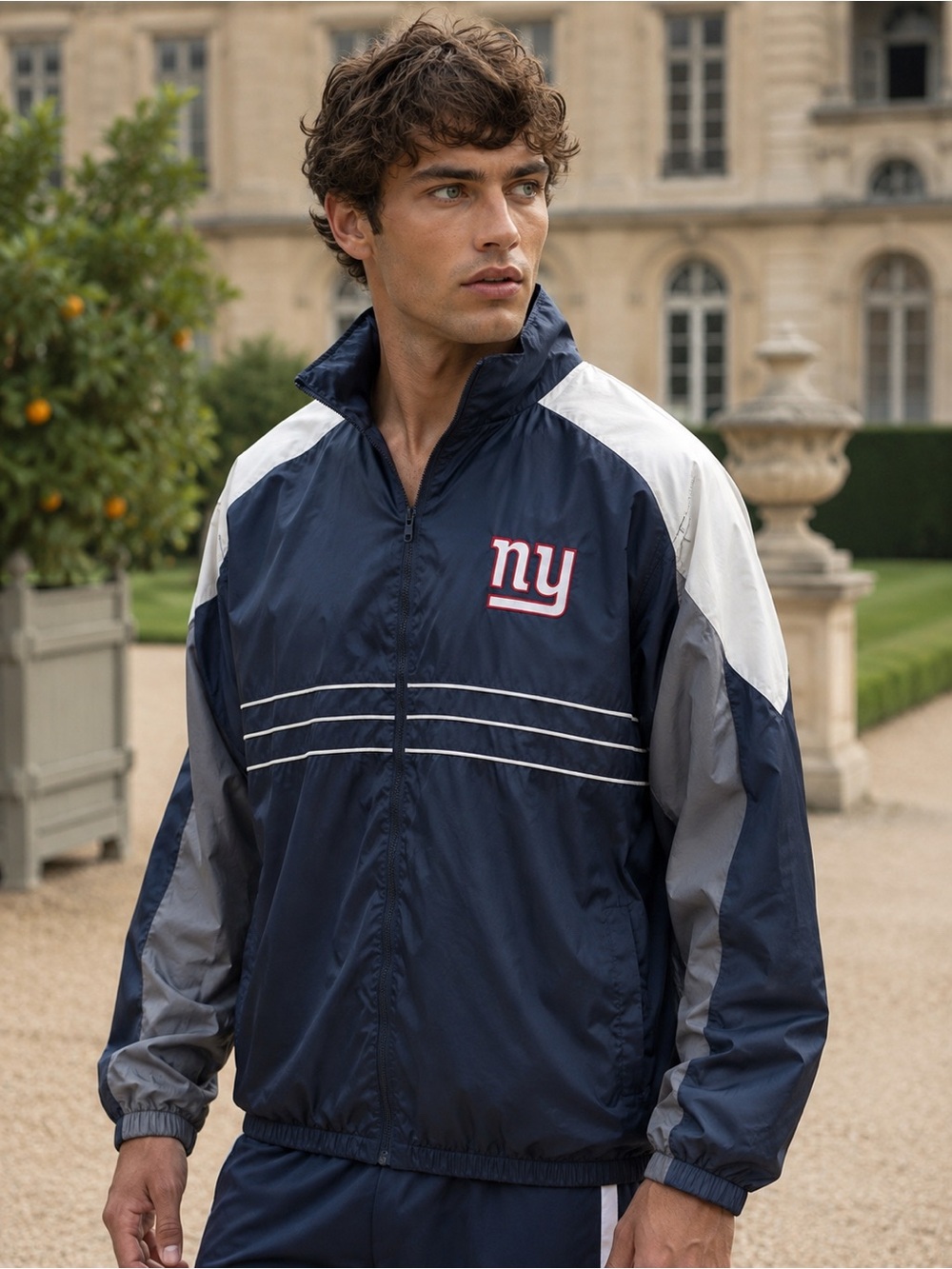 NFL Navy Windbreaker with White & Gray Panels and Red Logo